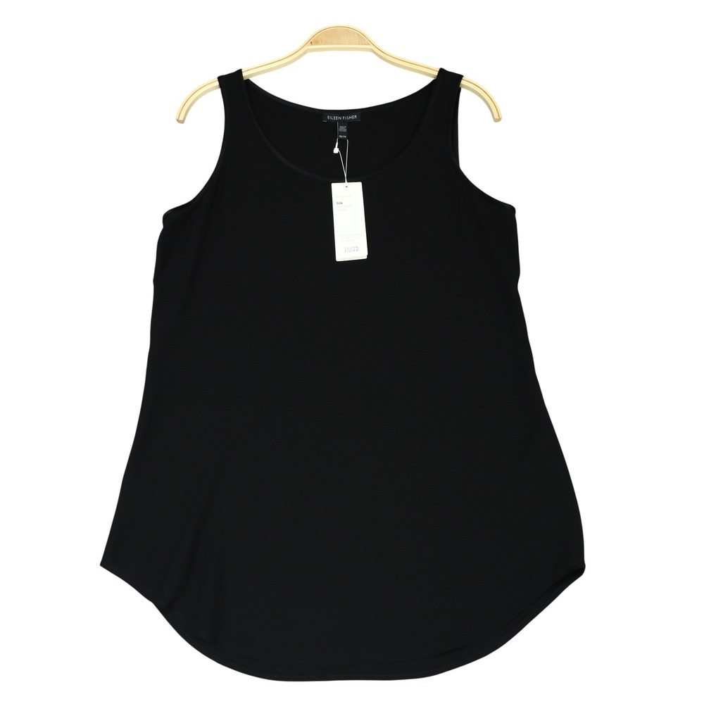 Eileen Fisher Silk Georgette Crepe Scoop Neck Tank XS Black Luxury Minimalist